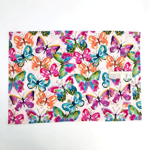 American VINTAGE Handmade Pink Butterfly Fabric Utensil Pocket Placemat Set of 2 - Picture 1 of 5